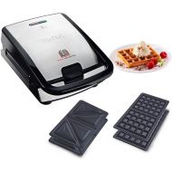 Tefal SW852D Snack Collection waffle maker and sandwich maker, electric grill, multi grill, 2 interchangeable plate sets, non-stick coated, 700 watts, stainless steel, black, silver