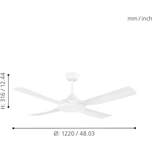  EGLO Bondi 1 Ceiling Fan with 4 Blades with Remote Control, Timer and Summer Winter Operation, ABS Plastic in Matte White, AC Motor, Diameter 122 cm