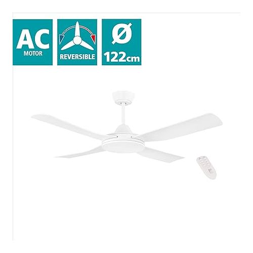  EGLO Bondi 1 Ceiling Fan with 4 Blades with Remote Control, Timer and Summer Winter Operation, ABS Plastic in Matte White, AC Motor, Diameter 122 cm