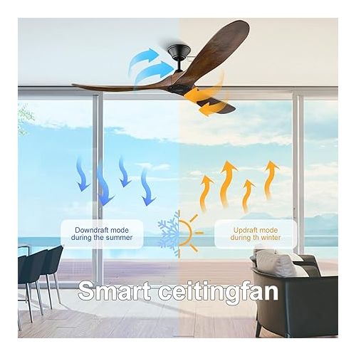  XSGDMN Ceiling Fan without Light, DC Ceiling Fan Wood, Ceiling Fan with Extension Rod, 6-Level Reversible Quiet DC Motor for Farmhouse, Porch, Outdoor, Balcony