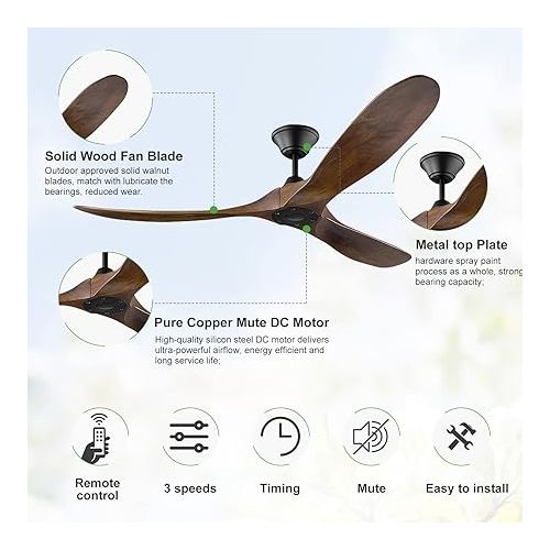  XSGDMN Ceiling Fan without Light, DC Ceiling Fan Wood, Ceiling Fan with Extension Rod, 6-Level Reversible Quiet DC Motor for Farmhouse, Porch, Outdoor, Balcony