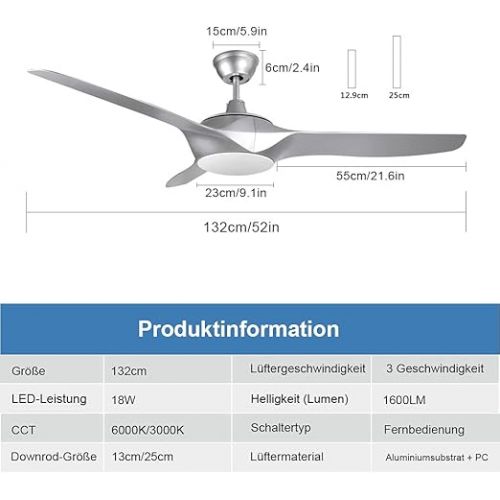  Depuley LED Ceiling Fan with Light, 58 W Super Quiet Fan with 18 W Dimmable Light and Timer, Adjustable Wind Speed, Modern Ceiling Light, Colour Changing for Bedroom