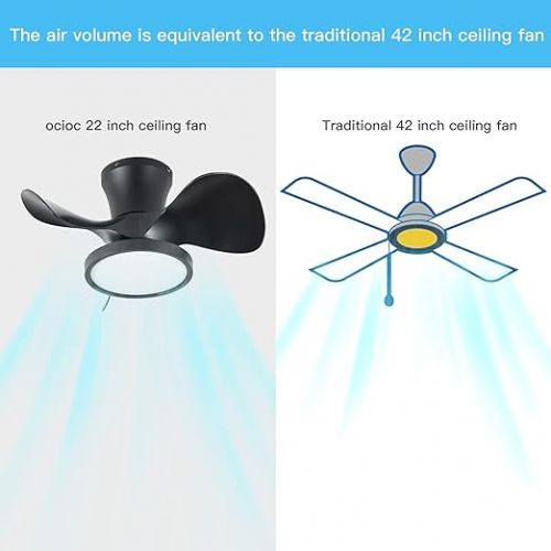  ocioc Ceiling Fan Small with Lighting, 55.88 cm Ceiling Light with Fan, Ceiling Fans Quiet with Remote Control and Light for Bedroom, Kitchen, Bathroom, DC Motor, Black