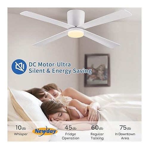  Newday Ceiling Fan with LED Lighting Remote Control Quiet 122 cm Ceiling Fans with Lighting White Ceiling Fan with Light with 6 Gears, 3 Timers, 3 LED Colours, DC Motor