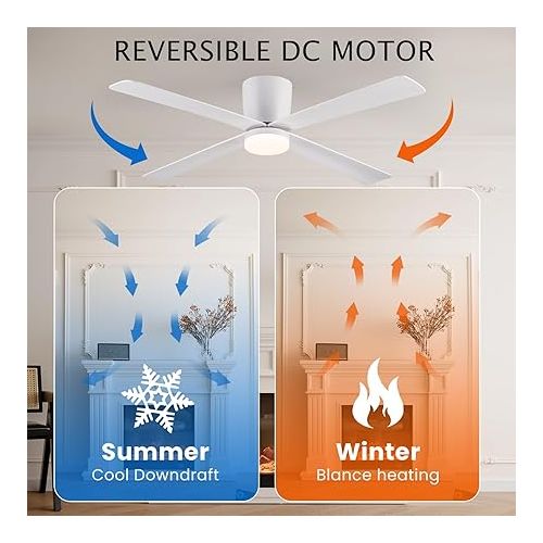  Newday Ceiling Fan with LED Lighting Remote Control Quiet 122 cm Ceiling Fans with Lighting White Ceiling Fan with Light with 6 Gears, 3 Timers, 3 LED Colours, DC Motor