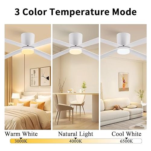  Newday Ceiling Fan with LED Lighting Remote Control Quiet 122 cm Ceiling Fans with Lighting White Ceiling Fan with Light with 6 Gears, 3 Timers, 3 LED Colours, DC Motor