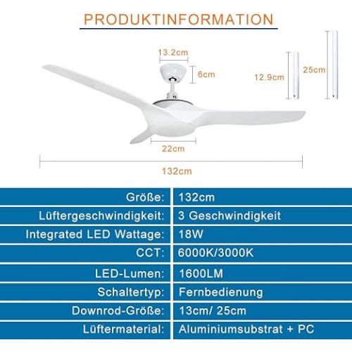  Depuley LED Ceiling Fan with Lighting and Remote Control, 58 W Fan with 18 W Light and Timer, 3 Colour Changes 3000 K - 6000 K, Adjustable Wind Speed, Super Quiet for Bedroom