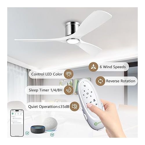  OFANTOP Ceiling Fan White with Lighting and Remote Control, 132 cm Ceiling Fan, 6 Speeds, Quiet Ceiling Fan Compatible with Alexa/Google Home