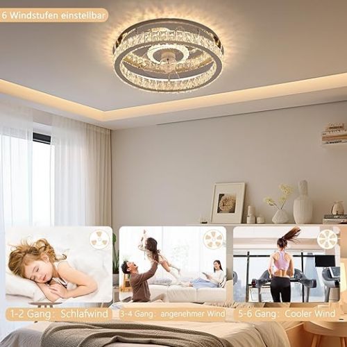  Ceiling Fan with Lighting, 36 W Lamp with Fan, Modern LED Crystal Ceiling Fan with Remote Control, Quiet Timing, 6 Wind Speeds Ceiling Light for Bedroom, Living Room, Kitchen