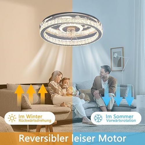  Ceiling Fan with Lighting, 36 W Lamp with Fan, Modern LED Crystal Ceiling Fan with Remote Control, Quiet Timing, 6 Wind Speeds Ceiling Light for Bedroom, Living Room, Kitchen