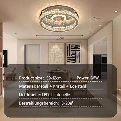  Ceiling Fan with Lighting, 36 W Lamp with Fan, Modern LED Crystal Ceiling Fan with Remote Control, Quiet Timing, 6 Wind Speeds Ceiling Light for Bedroom, Living Room, Kitchen