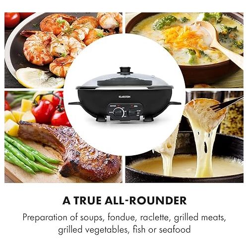  Klarstein Szechuan - Hot Pot and Grill Plate, Volume: 5 litres, hot pot: 1350 Watt / 38 cm diameter, grill plate: 600 Watt / 22 cm diameter, aluminium heating element, separately adjustable heating circuits.