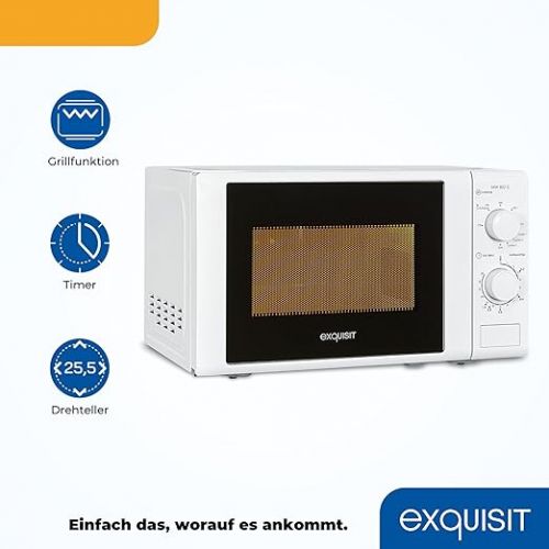  Exquisit Microwave MW 802 G, 700 W Power, 1000 W Grill, 20 L Cooking Space, Compact Microwave With Grill Function, Space-Saving, Incl. Timer, White