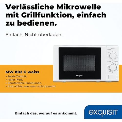  Exquisit Microwave MW 802 G, 700 W Power, 1000 W Grill, 20 L Cooking Space, Compact Microwave With Grill Function, Space-Saving, Incl. Timer, White