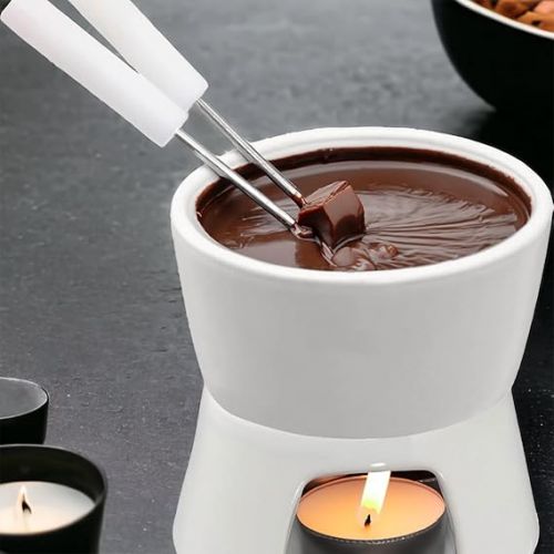  MIJOMA Mini Chocolate Fondue Set - Discover Pure Chocolate Enjoyment - Trendy & Stylish Design in White, Includes 2 Fondue Forks - Ideal for Biscuits & Fruits, Ceramic, 10 x 9 x 6 cm