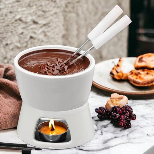  MIJOMA Mini Chocolate Fondue Set - Discover Pure Chocolate Enjoyment - Trendy & Stylish Design in White, Includes 2 Fondue Forks - Ideal for Biscuits & Fruits, Ceramic, 10 x 9 x 6 cm