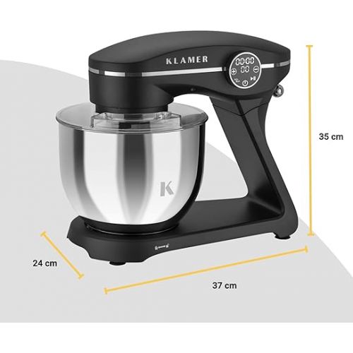  KLAMER Food Processor 1800 W, Kneading Machine with 6 Litre Stainless Steel Bowl, 10 Speed Levels with Timer, Whisk, Dough Hook, Whisk and Splash Guard