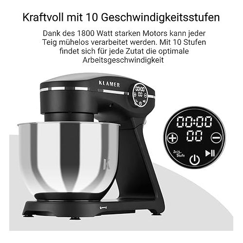  KLAMER Food Processor 1800 W, Kneading Machine with 6 Litre Stainless Steel Bowl, 10 Speed Levels with Timer, Whisk, Dough Hook, Whisk and Splash Guard