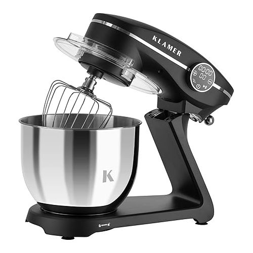  KLAMER Food Processor 1800 W, Kneading Machine with 6 Litre Stainless Steel Bowl, 10 Speed Levels with Timer, Whisk, Dough Hook, Whisk and Splash Guard