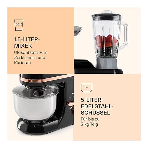  Klarstein Lucia Elegance Multifunction Food Processor, Mixer and Meat Mincer, 1300 W in 6 Power Levels, Pulse Function, 5 L Stainless Steel Bowl, 1.5 L Glass Blender Jug