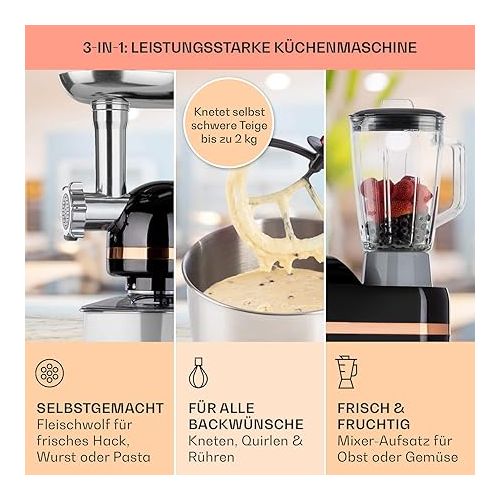  Klarstein Lucia Elegance Multifunction Food Processor, Mixer and Meat Mincer, 1300 W in 6 Power Levels, Pulse Function, 5 L Stainless Steel Bowl, 1.5 L Glass Blender Jug