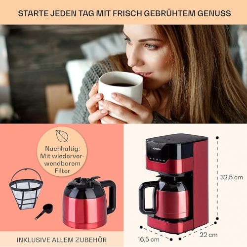  Klarstein 1.2 L Coffee Machine with Timer, Filter Machine for 12 Cups, 800 W Filter Large, Filter Coffee Machine with Stainless Steel Thermos Flask for Coffee, Red/Black