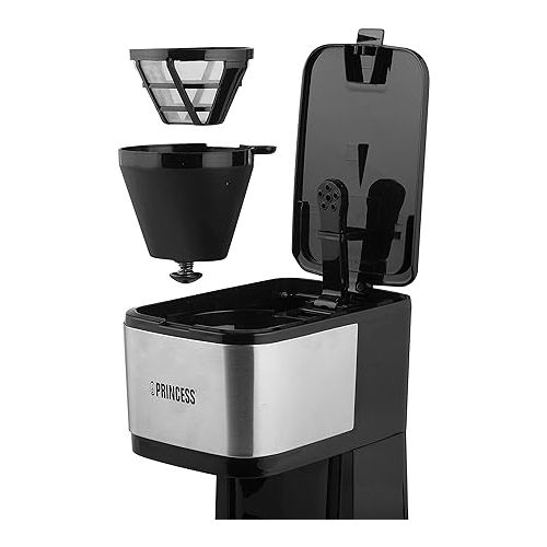  Princess Filter Coffee Machine - 0.75 Litre Glass Jug, 8 Cups, Stainless Steel with Permanent Filter, 600 Watt, 246030, Black, Silver
