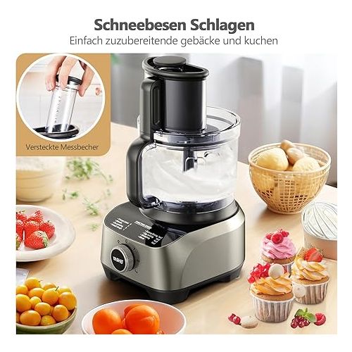  YASHE 11 in 1 Food Processor, 1300 W Multifunctional Food Processor - 2.5 L Mixing Bowl & 1.5 L Mixing Vessel, Upgrade Cutting Disc, Citrus Juicer, Kneading Machine, Grinder, Whisk, Chopper