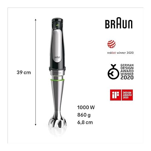  Braun MultiQuick 7 MQ 7087X hand blender - puree rod with removable stainless steel mixing base with ActiveBlade technology for pureeing the toughest ingredients, incl. 5-piece accessory set, 1000 watts, black.