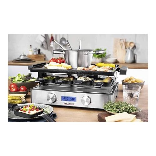  GASTROBACK 42562 Raclette Fondue Advanced Plus, Can Be Used Separately or Combined, Illuminated LCD Display, Stainless Steel Housing, For Up To 9 People, 2200 Watt, 2200, Black, Silver