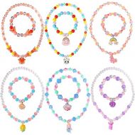 PinkSheep Mermaid Heart Unicorn Jewelry for Littler Girl, 6 Pack Toddler Beaded Necklace Bracelets, Pearl Jewelry Sets, Colorful Beaded Necklace Bracelet Stretchy Chunky Costume Jewelry Present Toy