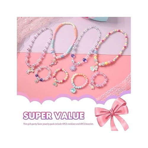  PinkSheep Girl Kids Jewelry Beads Necklace Bracelet with Unicorn Mermaid Princess Pendants Colorful Beaded Necklace Bracelet Stretchy Chunky Costume Jewelry Present Toy