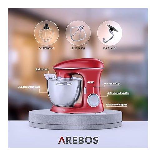  Arebos Food Processor 1500 W | Kneading Machine with 8L Stainless Steel Mixing Bowl | Low Noise | Kitchen Mixer with Mixing Hook, Dough Hook, Beater and Splash Guard | 6 Speeds | Dough Machine