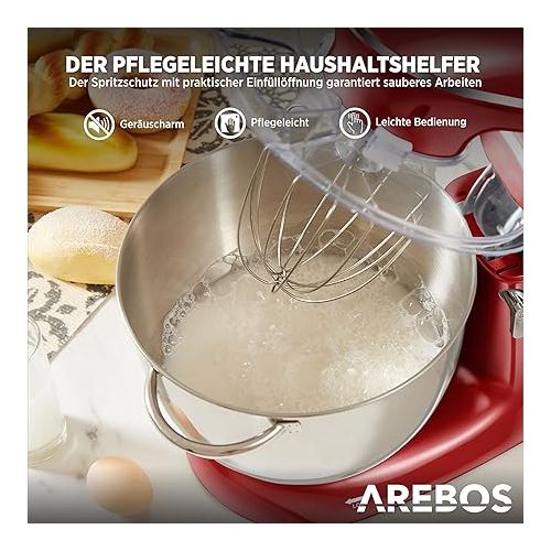  Arebos Food Processor 1500 W | Kneading Machine with 8L Stainless Steel Mixing Bowl | Low Noise | Kitchen Mixer with Mixing Hook, Dough Hook, Beater and Splash Guard | 6 Speeds | Dough Machine