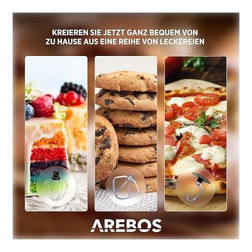  Arebos Food Processor 1500 W | Kneading Machine with 8L Stainless Steel Mixing Bowl | Low Noise | Kitchen Mixer with Mixing Hook, Dough Hook, Beater and Splash Guard | 6 Speeds | Dough Machine