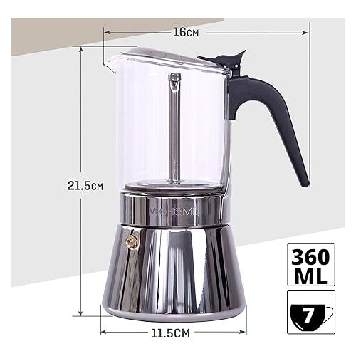  Espresso Maker Classic Italian Percolator Moka Pot 360 ml - Luxury Crystal Glass and Stainless Steel