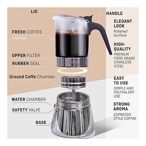  Espresso Maker Classic Italian Percolator Moka Pot 360 ml - Luxury Crystal Glass and Stainless Steel