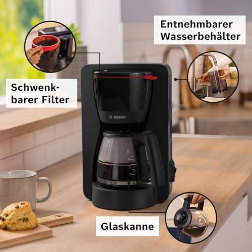  Bosch MyMoment TKA2M113 Filter Coffee Machine, Glass Jug 1.25 L, for 10-15 Cups, 40 Minute Warming Function, Drip Stop, Swivelling Filter Carrier, Removable Water Tank, 1200 Watt, Matte Black