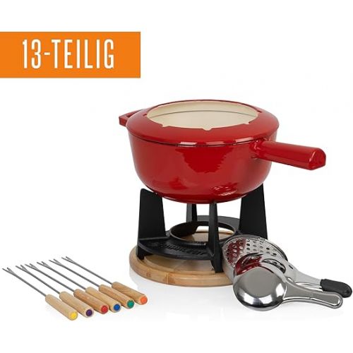  Mahlzeit Cast Iron Fondue Set for 6 People, 2 Litres, Fondue Set 13 Pieces with Burner and Forks, Fondue Set, Cheese Fondue Set, Meat Fondue Set, Chocolate Fondue Set (Red Enameled)