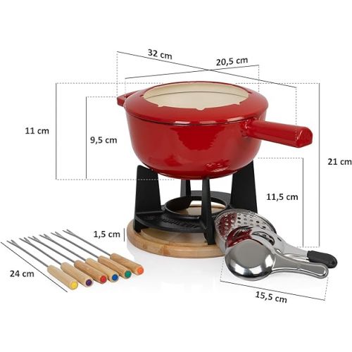  Mahlzeit Cast Iron Fondue Set for 6 People, 2 Litres, Fondue Set 13 Pieces with Burner and Forks, Fondue Set, Cheese Fondue Set, Meat Fondue Set, Chocolate Fondue Set (Red Enameled)