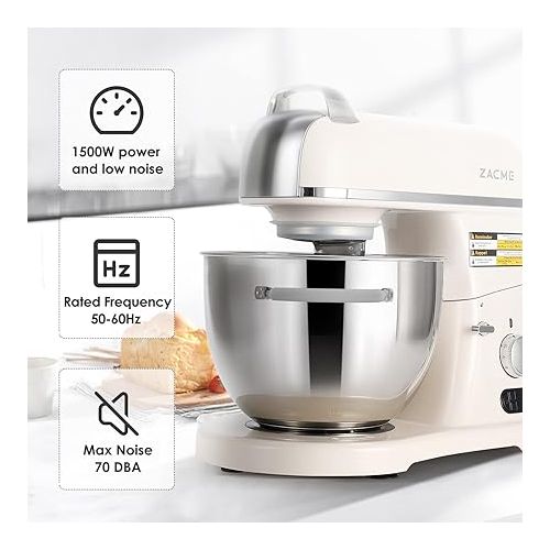  ZACME Professional Food Processor Kneading Machine, Cast Aluminium Housing (1500 W), 7 L Stainless Steel Bowl Dough Machine with LED Touch Screen, Quiet Mixing Machine, 3 Mixing Attachments and Splash