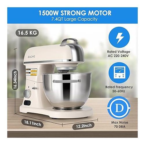  ZACME Professional Food Processor Kneading Machine, Cast Aluminium Housing (1500 W), 7 L Stainless Steel Bowl Dough Machine with LED Touch Screen, Quiet Mixing Machine, 3 Mixing Attachments and Splash