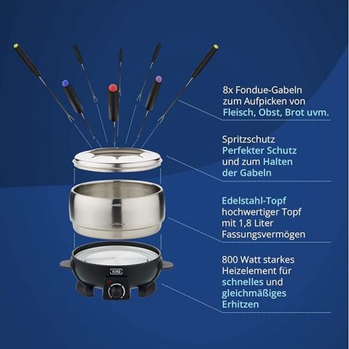  KHG Electric Fondue FO-800SE with Stainless Steel Pot 1.8 L Silver for up to 8 People Variable Temperature Setting 25 x 16 cm Ideal for Meat, Cheese or Chocolate with 8 Forks Splash Guard 800 W