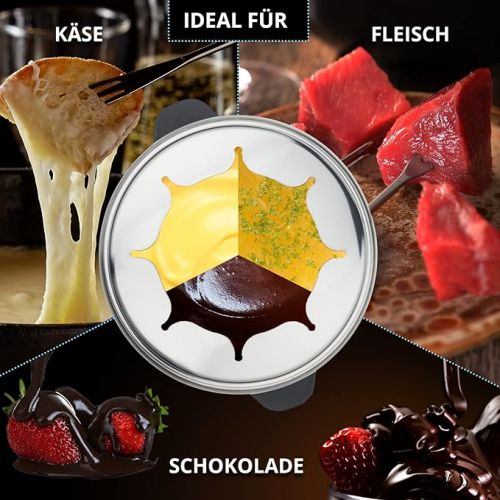  KHG Electric Fondue FO-800SE with Stainless Steel Pot 1.8 L Silver for up to 8 People Variable Temperature Setting 25 x 16 cm Ideal for Meat, Cheese or Chocolate with 8 Forks Splash Guard 800 W