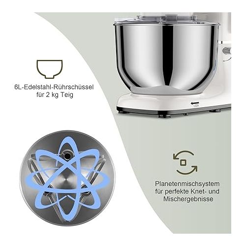  Zuccie Food Processor, 6.2 L Touchscreen Kneading Machine, 1500 W Dough Machine with LCD Display, Timing Function, Includes 5-Piece Accessory Set and Splash Guard, 6+P Gear Shift Stirrers - White