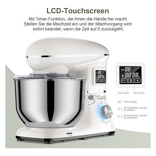  Zuccie Food Processor, 6.2 L Touchscreen Kneading Machine, 1500 W Dough Machine with LCD Display, Timing Function, Includes 5-Piece Accessory Set and Splash Guard, 6+P Gear Shift Stirrers - White