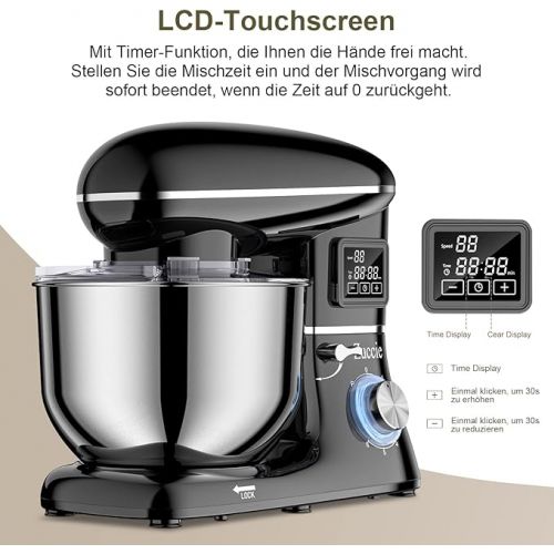  Zuccie Food Processor, 6.2 L Touchscreen Kneading Machine, 1500 W Dough Machine with LCD Display, Timing Function, Includes 5-Piece Accessory Set and Splash Guard, 6+P Gear Shift Stirrers, Black