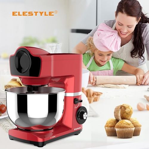  ELESTYLE Food Processor Kneading Machine, 1500 W, 6 Speeds Dough Kneading Machine, Low Noise Mixing Machine with 6 L Stainless Steel Bowl, Stainless Steel Whisk, Die-Cast Stirrer and Dough Hook (Red)