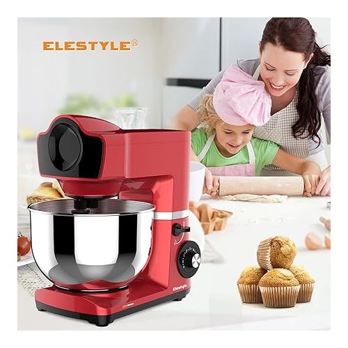  ELESTYLE Food Processor Kneading Machine, 1500 W, 6 Speeds Dough Kneading Machine, Low Noise Mixing Machine with 6 L Stainless Steel Bowl, Stainless Steel Whisk, Die-Cast Stirrer and Dough Hook (Red)