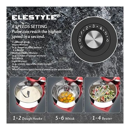  ELESTYLE Food Processor Kneading Machine, 1500 W, 6 Speeds Dough Kneading Machine, Low Noise Mixing Machine with 6 L Stainless Steel Bowl, Stainless Steel Whisk, Die-Cast Stirrer and Dough Hook (Red)